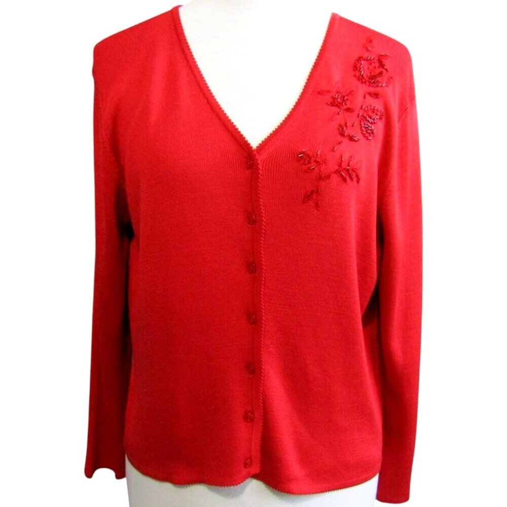 Vintage Ann Taylor Silk Red Beaded Cardigan Sweater Womens Size L Long Sleeve